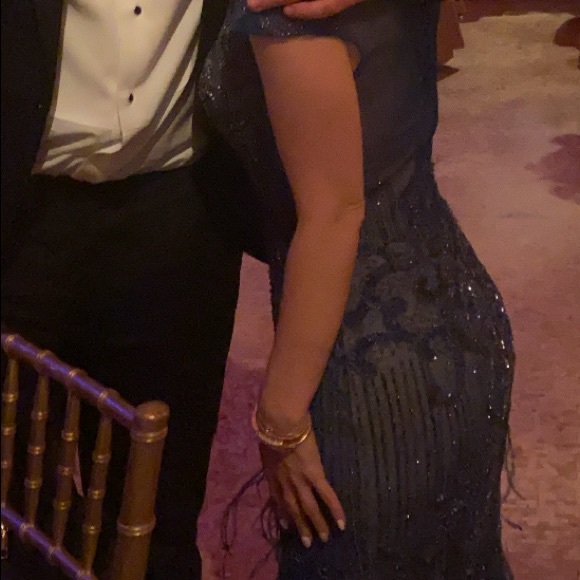 High neck short sleeve blue beaded feather gown Terani style number 1721GL4446 - Picture 7 of 13